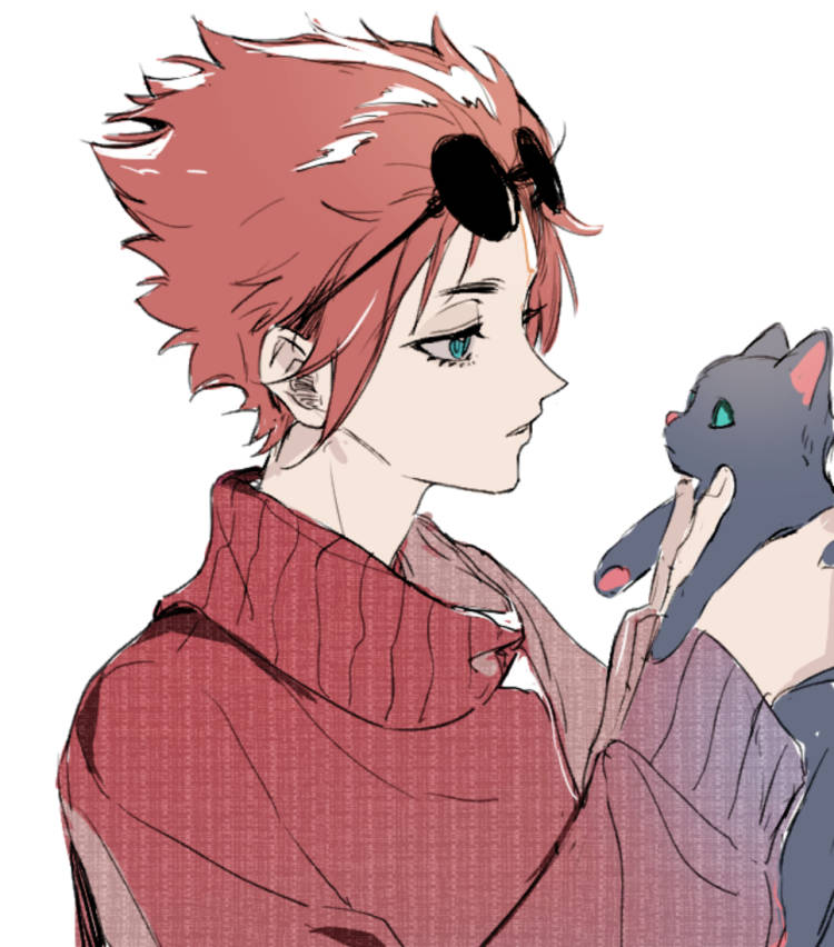 1boy, animal, black_cat, blue_eyes, blue_lock, cat, eyewear_on_head, hands_up, holding, holding_animal, itoshi_sae, long_sleeves, male_focus, red_sweater, redhead, round_eyewear, shizuka000217, short_hair, simple_background, sleeves_past_wrists, solo, sunglasses, sweater, white_background