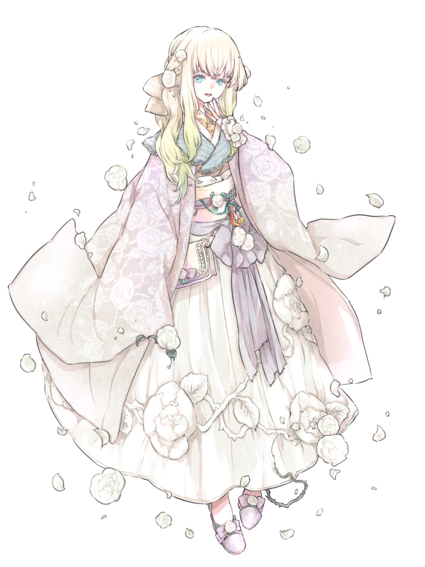 1girl, bag, blonde_hair, dairoku_ryouhei, floral_print, flower, full_body, green_eyes, hand_up, handbag, highres, japanese_clothes, kimono, long_hair, long_sleeves, looking_at_viewer, shirono_ibara, skirt, smile, solo, sugarpot_n, thorns, transparent_background, white_skirt, wide_sleeves