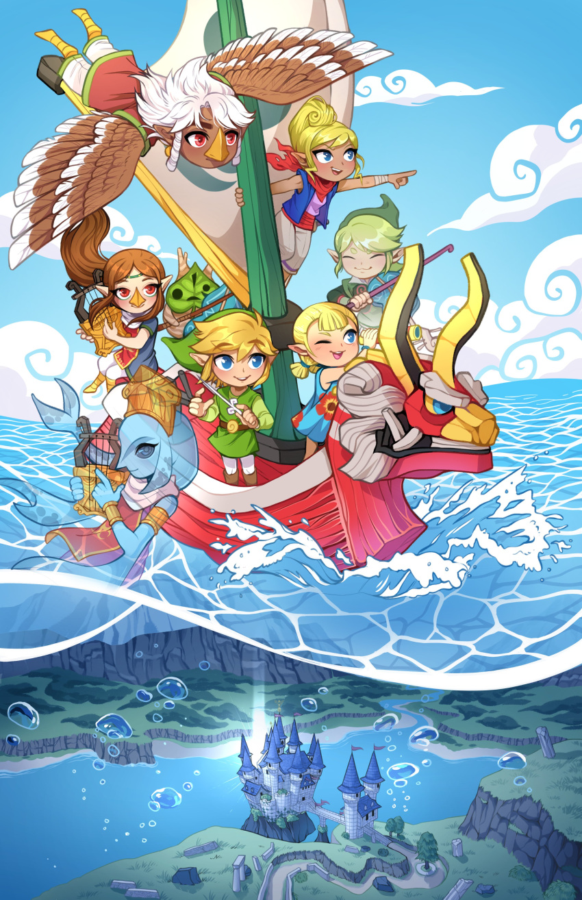 2boys, 5girls, absurdres, air_bubble, aryll, belt, blonde_hair, blue_eyes