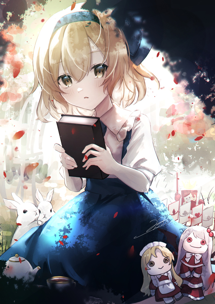 1girl, absurdres, alice_margatroid, alice_margatroid_(pc-98), animal, black_tea, blonde_hair, blue_hairband, blue_skirt, blush, book, character_doll, collared_shirt, cup, hair_between_eyes, hairband, highres, holding, holding_book, parted_lips, rabbit, rokuya_(68_zusao), shinki_(touhou), shirt, short_hair, short_sleeves, signature, skirt, solo, tea, touhou, touhou_(pc-98), white_shirt, yellow_eyes, yumeko_(touhou)