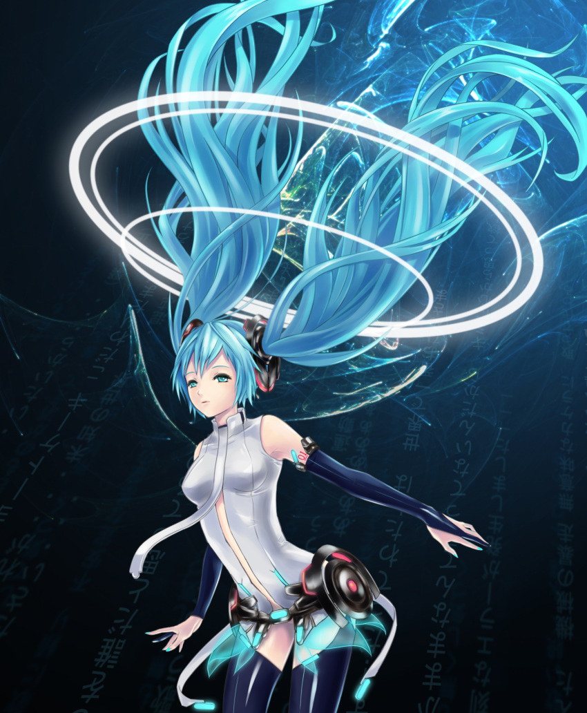 aqua_eyes, aqua_hair, bridal_gauntlets, floating_hair, hatsune_miku, hatsune_miku_(append), highres, long_hair