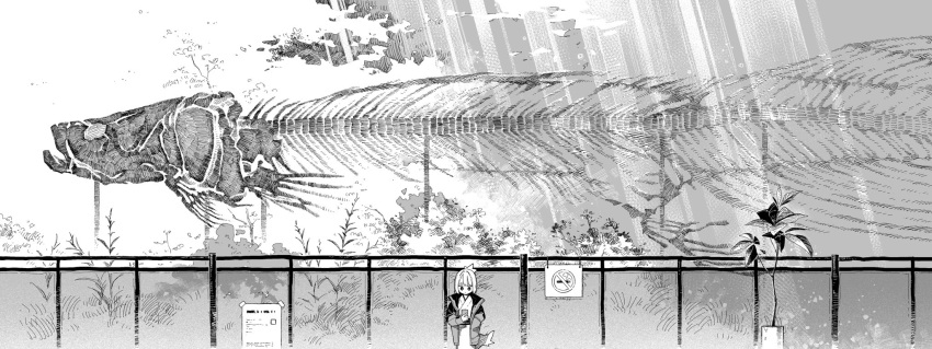 1other, closed_mouth, expressionless, fence, fish_skeleton, greyscale, hand_in_pocket, highres