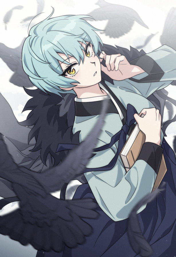 1girl, adapted_costume, angela_(project_moon), bbunny, bird, black_cape, blue_hair, blue_skirt