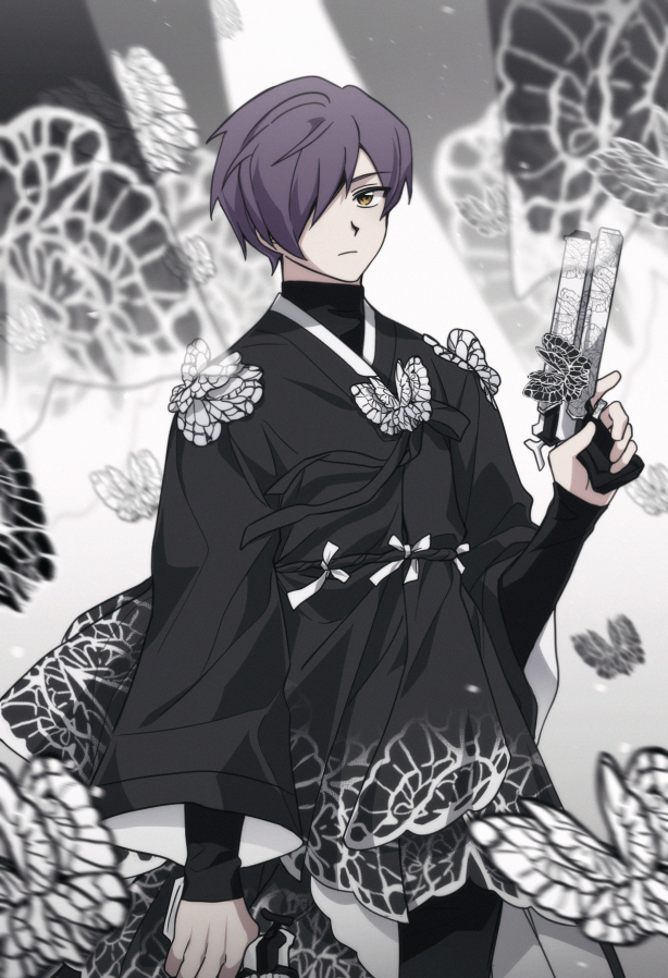 1boy, adapted_costume, bbunny, black_hanbok, black_ribbon, bug, butterfly, funeral_of_the_dead_butterflies