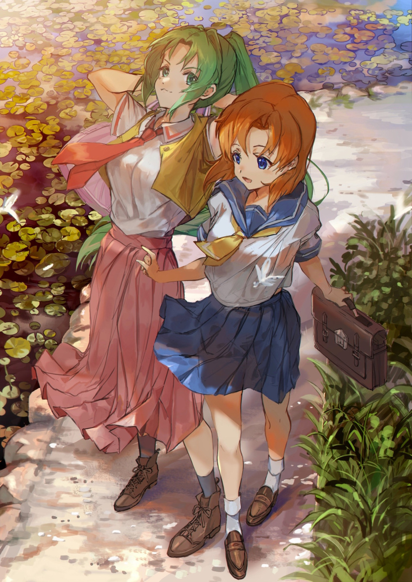 2girls, ankle_boots, arms_behind_head, bag, black_socks, blouse, blue_eyes, blue_sailor_collar
