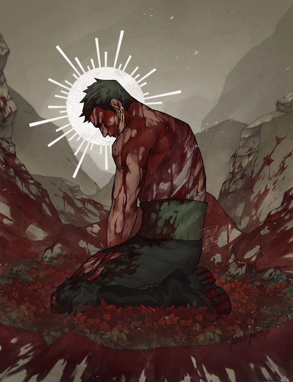 1boy, blood, blood_on_clothes, blood_on_face, blood_on_ground, earrings, full_body, green_hair
