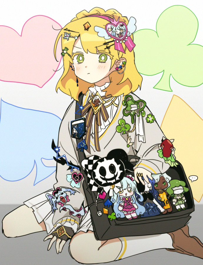 1girl, bbunny, black_bag, blonde_hair, blush, brown_footwear, brown_gloves, brown_ribbon