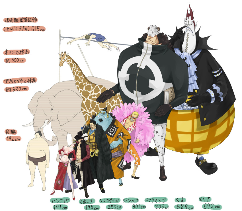 bartholomew_kuma, boa_hancock, cocotri, donquixote_doflamingo, dracule_mihawk, elephant, gecko_moria, giraffe