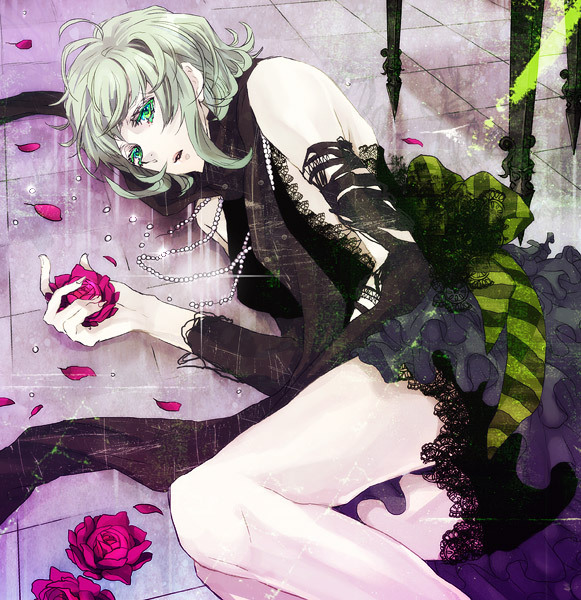 dress, flower, green_eyes, green_hair, gumi, jewelry, just_a_game_(vocaloid), lying, necklace, on_side, pearl, petals, rose, short_hair, solo, tako_rii, vocaloid
