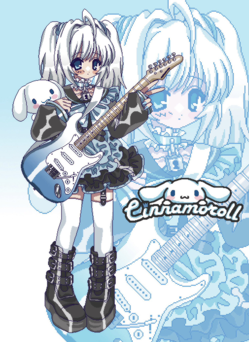 1boy, 1girl, ahoge, amnyuixx, black_dress, black_footwear, black_sleeves, blue_dress