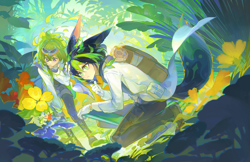 1boy, 1girl, absurdres, animal_ear_fluff, animal_ears, aranara_(genshin_impact), blunt_ends, bob_cut