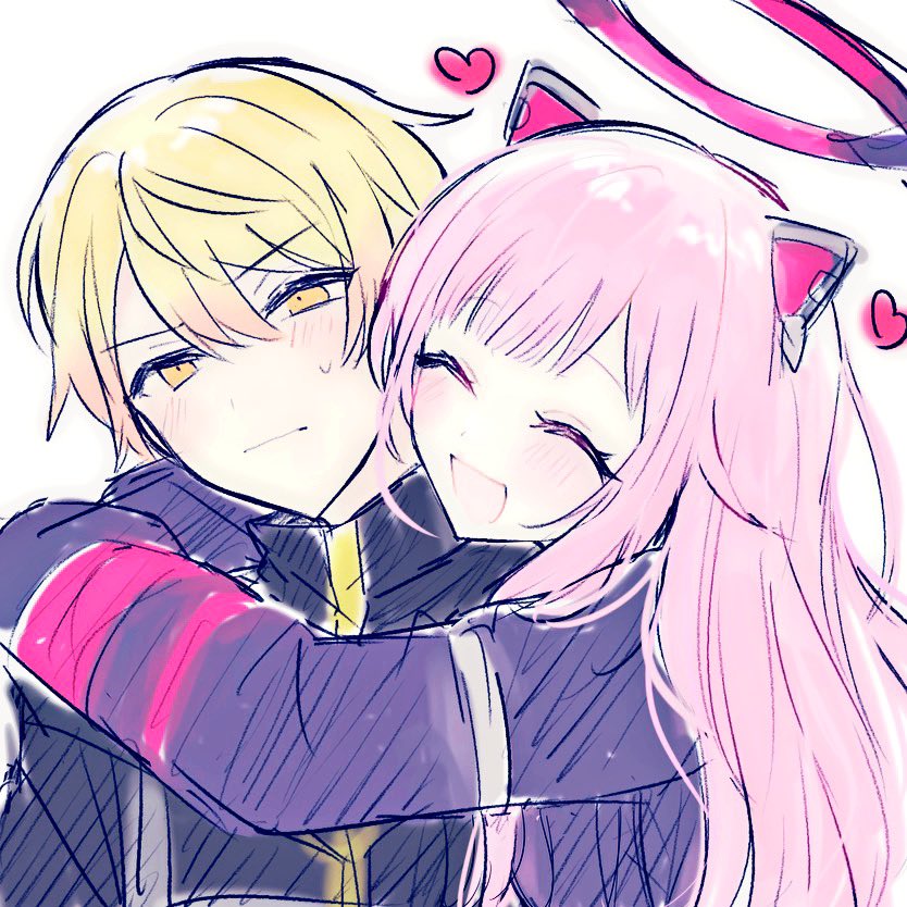 1boy, 1girl, alternate_costume, blonde_hair, blunt_bangs, blush, closed_mouth, commentary_request, gradient_hair, halo, heart, hug, long_hair, long_sleeves, mechanical_halo, multicolored_hair, official_alternate_costume, official_alternate_hair_length, official_alternate_hairstyle, ootori_emu, open_mouth, orange_eyes, orange_hair, pink_hair, pnyo_emc, project_sekai, short_hair, tenma_tsukasa, white_background