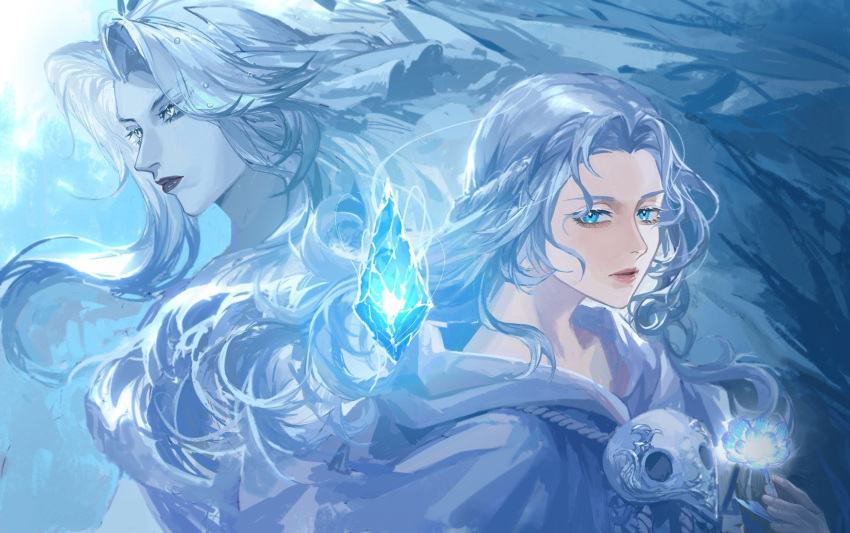 2girls, blanco_nagi, blue_background, blue_capelet, blue_eyes, blue_hair, blue_skin, blue_theme