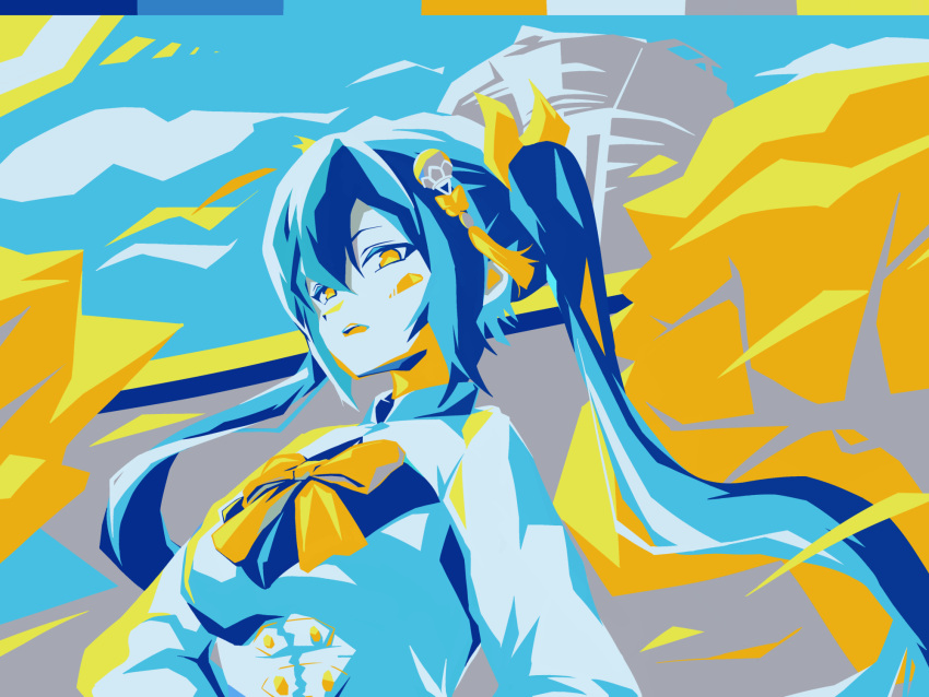 1girl, assault_lily, blue_hair, blue_sky, bow, bowtie, breasts, building