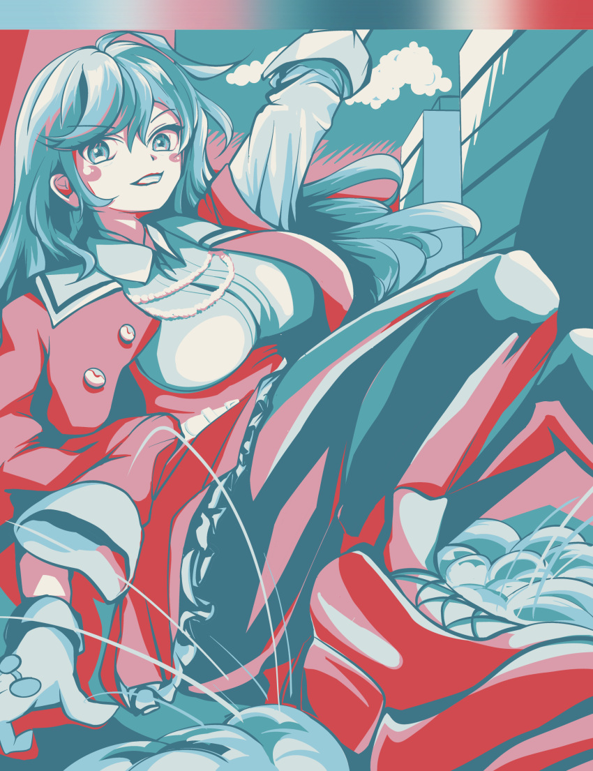 1girl, absurdres, ahoge, aqua_eyes, aqua_hair, aqua_pantyhose, aqua_sky, arm_at_side
