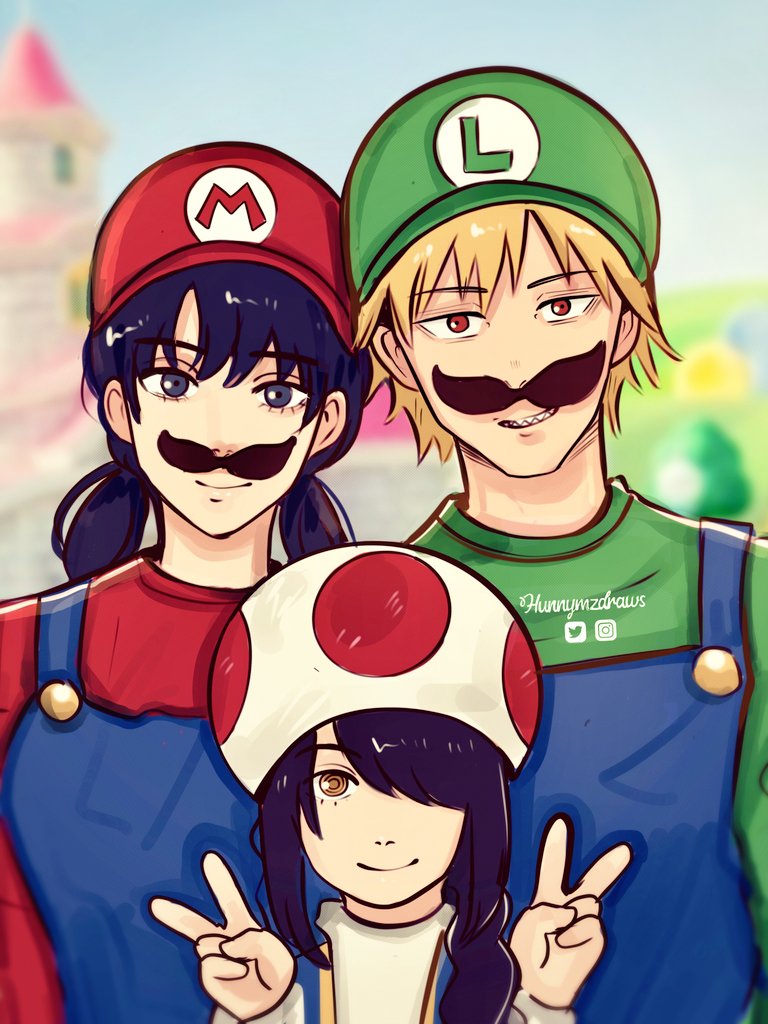 1boy, 2girls, black_hair, blonde_hair, blue_overalls, blurry, blurry_background, braid, braided_ponytail, castle, chainsaw_man, commentary, cosplay, denji_(chainsaw_man), double_v, fake_facial_hair, fake_mustache, green_shirt, hair_over_one_eye, hair_over_shoulder, hands_up, hunnymzdraws, instagram_username, long_hair, looking_at_viewer, low_twintails, luigi, luigi_(cosplay), mario, mario_(cosplay), mitaka_asa, multiple_girls, mushroom_hat, nayuta_(chainsaw_man), overalls, parted_lips, red_eyes, red_shirt, ringed_eyes, sharp_teeth, shirt, short_hair, smile, straight-on, super_mario_bros., teeth, toad_(mario), toad_(mario)_(cosplay), twintails, twitter_username, upper_body, v