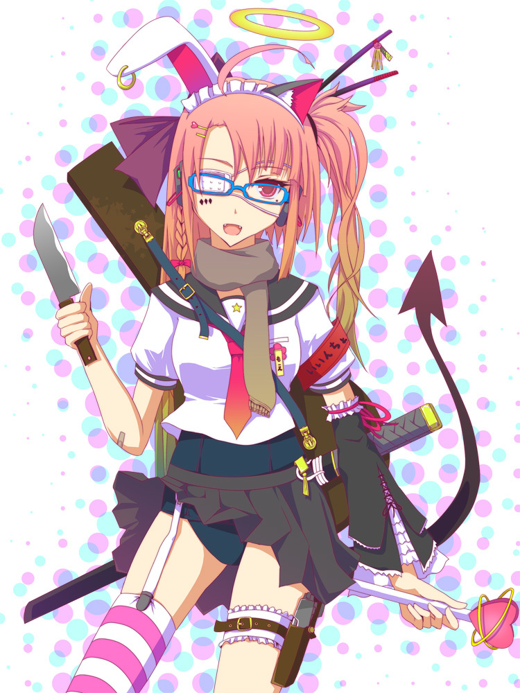 :d, angel, animal_ears, arm_garter, armband, asymmetrical_bangs, asymmetrical_clothes, asymmetrical_legwear