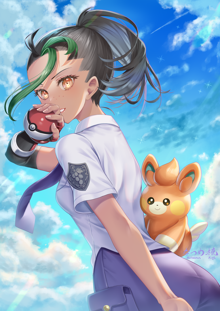 1girl, artist_name, black_gloves, black_hair, blue_sky, brown_eyes, dark-skinned_female, dark_skin