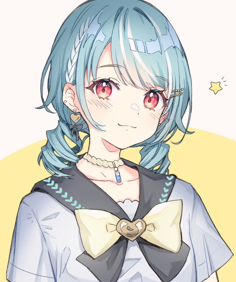 1girl, :3, aqua_hair, black_bow, black_sailor_collar, blush, bow, bow_earrings