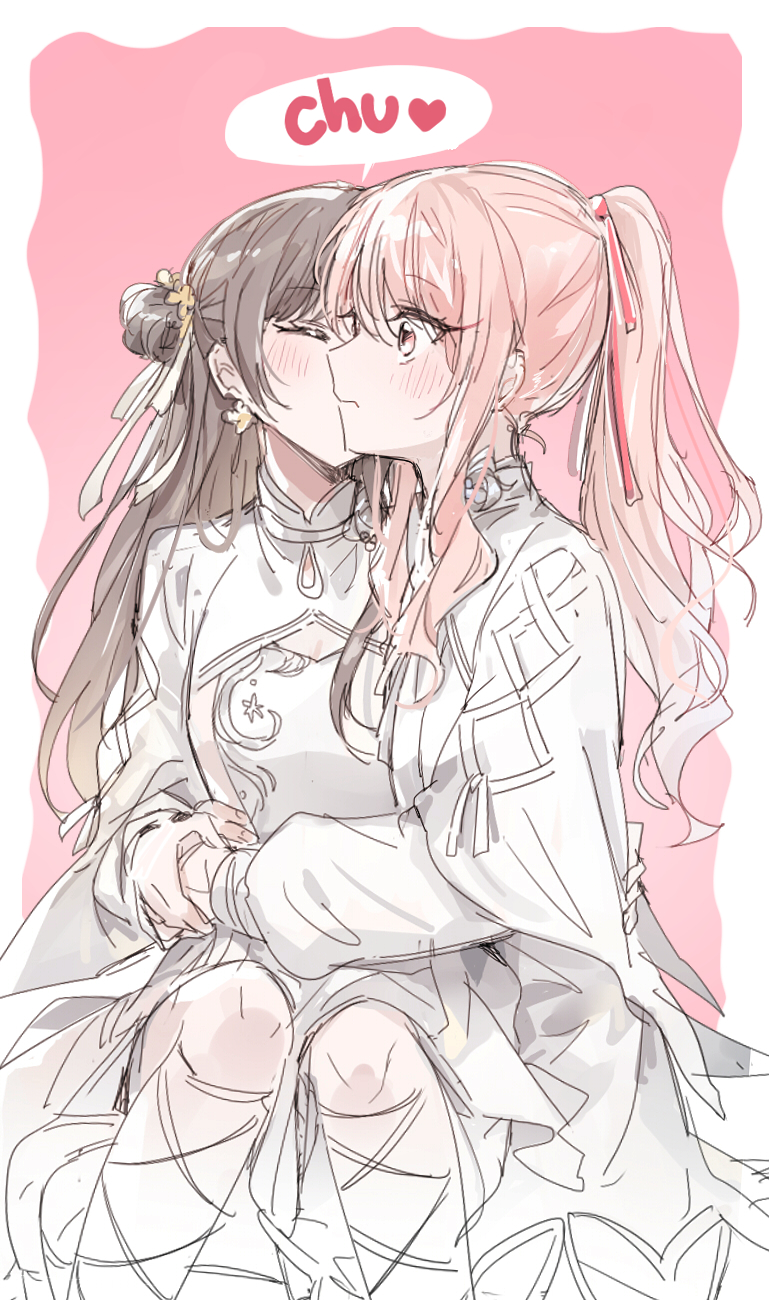 1girl, 1other, akiyama_mizuki, alternate_hair_length, alternate_hairstyle, blush, brown_hair, closed_eyes