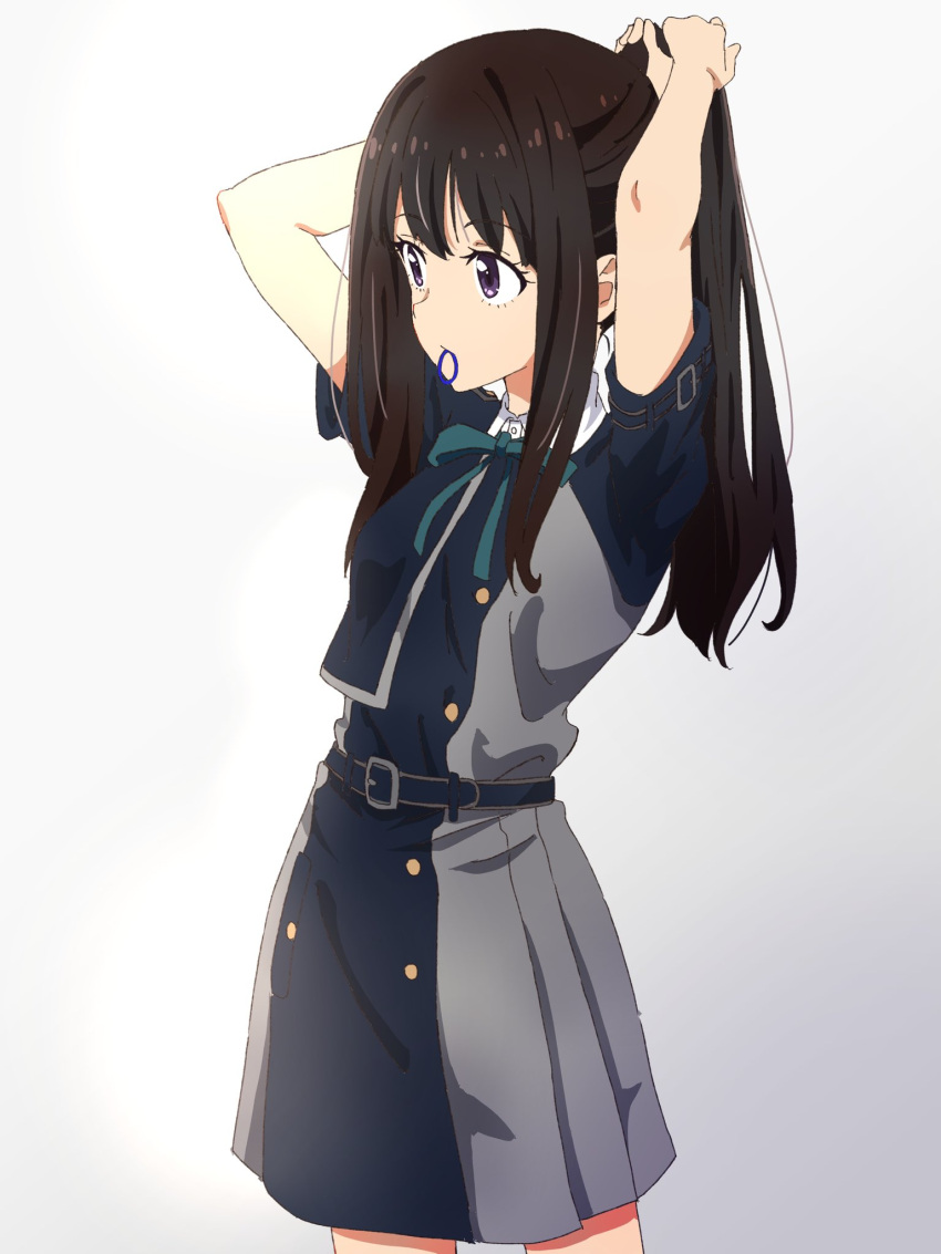 1girl, adjusting_hair, arms_behind_head, belt, black_hair, blue_belt, blue_dress, collared_shirt