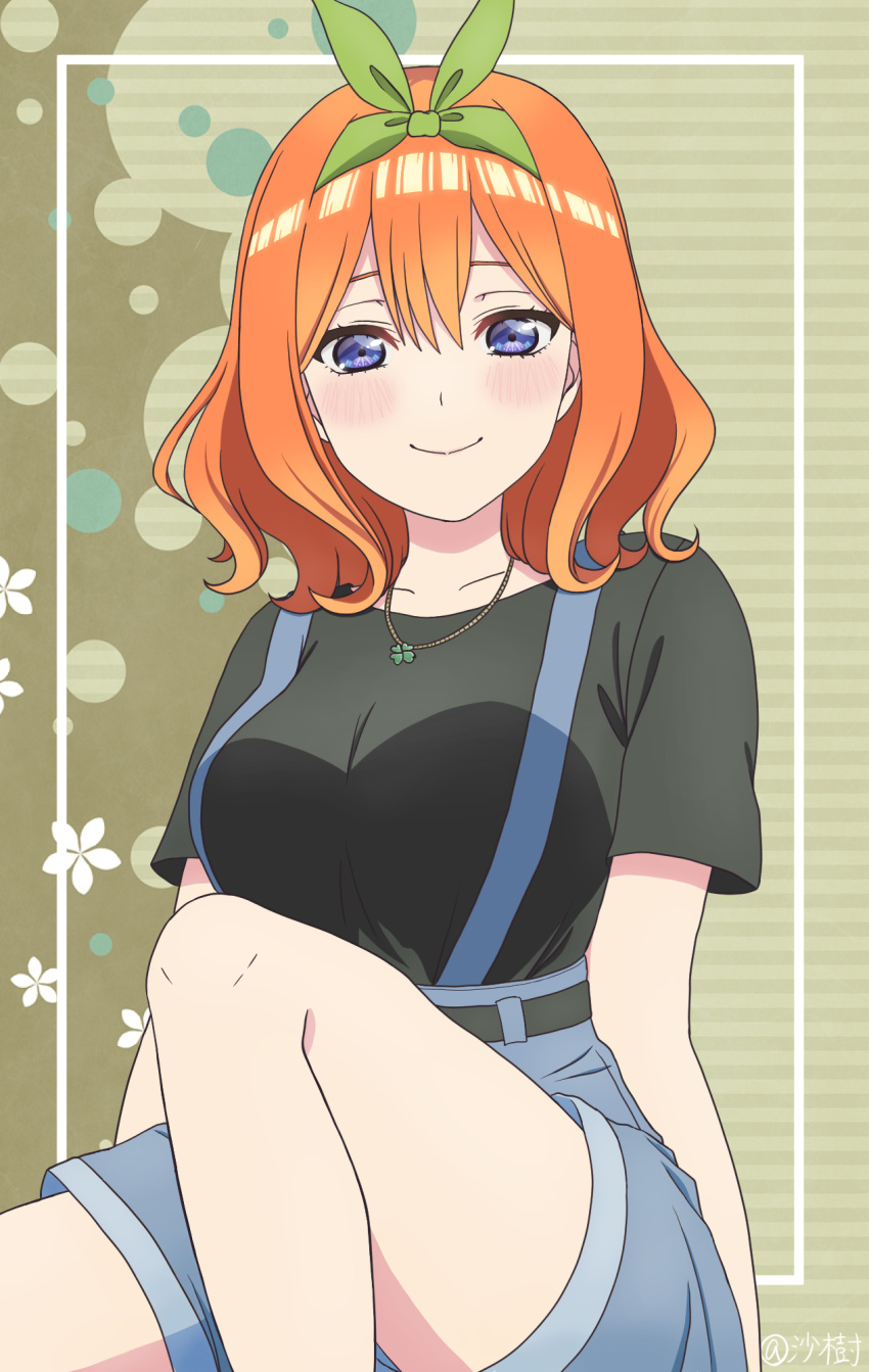 1girl, artist_request, black_shirt, blue_eyes, blush, breasts, clover, four-leaf_clover, go-toubun_no_hanayome, green_hairband, hairband, highres, jewelry, knyn2748, large_breasts, nakano_yotsuba, necklace, orange_hair, overall_shorts, overalls, shirt, user