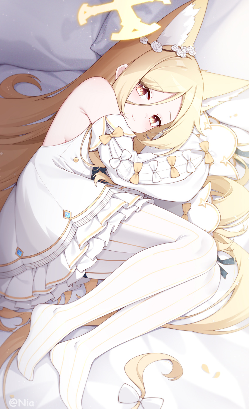 1girl, absurdres, animal_ear_fluff, animal_ears, bare_shoulders, blonde_hair, blue_archive, bow