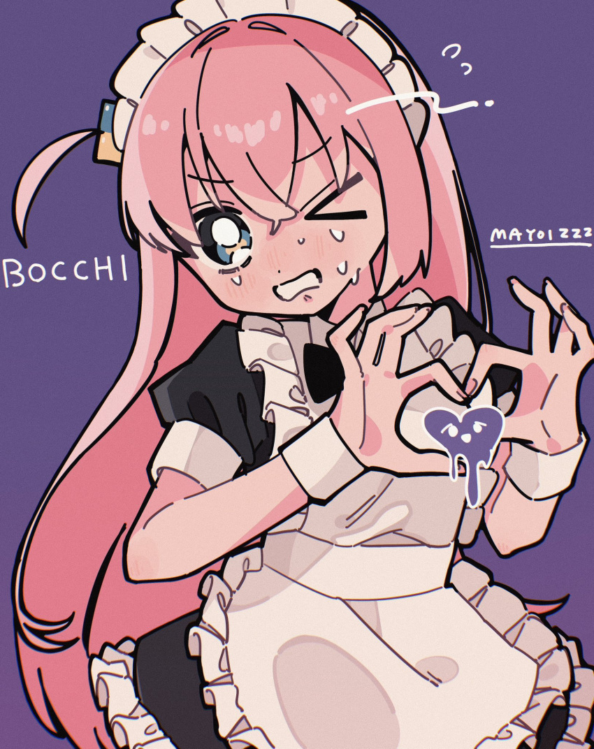 >_o, 1girl, apron, artist_name, black_dress, blue_eyes, blush, bocchi_the_rock!