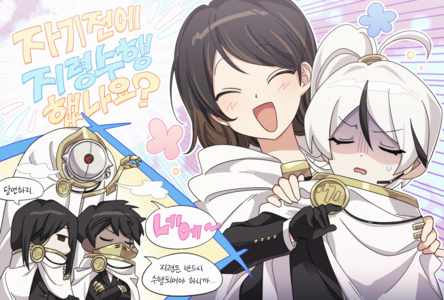 2girls, 3boys, ahoge, bbunny, black_gloves, black_jacket, black_necktie, brown_hair