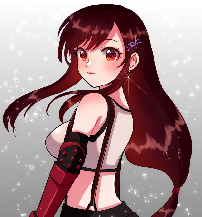1girl, bare_shoulders, black_shirt, black_skirt, blush, breasts, brown_hair, commentary