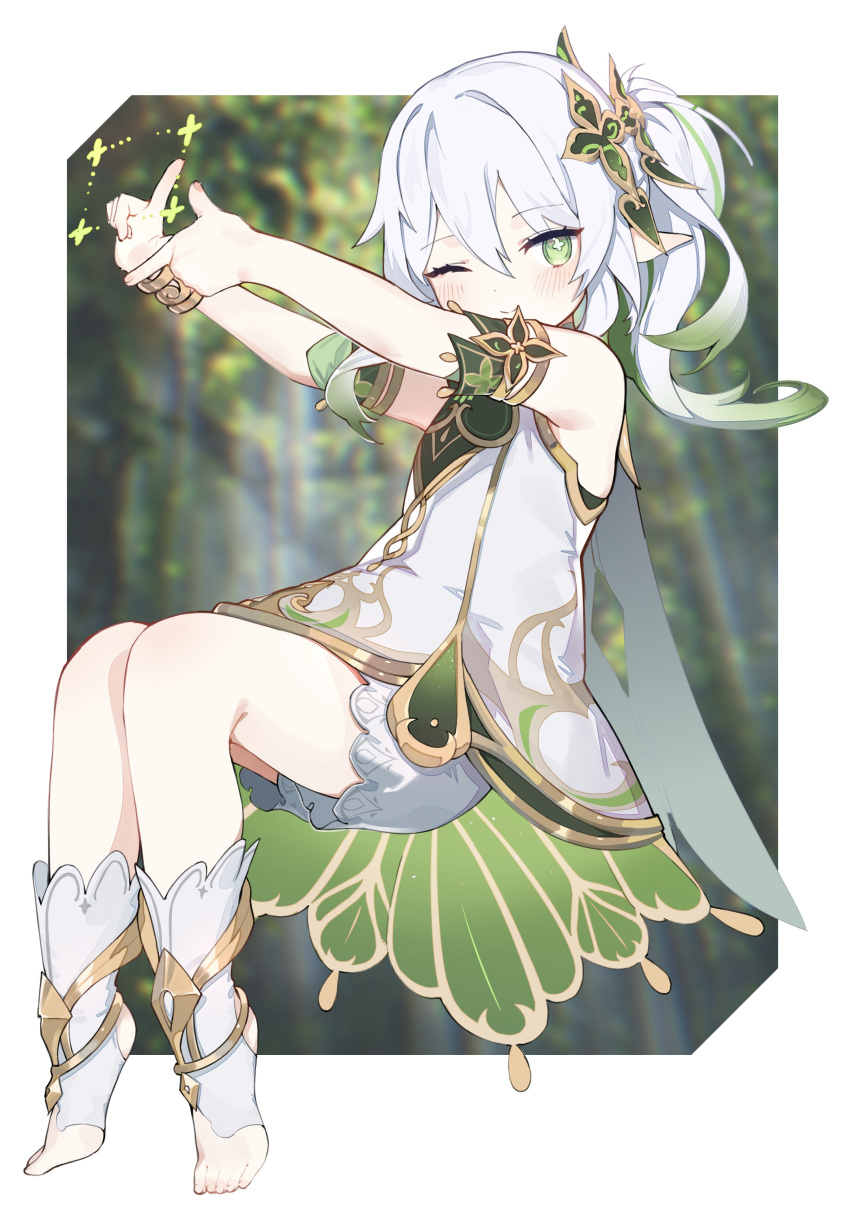 1girl, absurdres, bracelet, child, closed_mouth, cross-shaped_pupils, dress, female_child, finger_frame, floating, genshin_impact, green_eyes, green_hair, highres, hufy, jewelry, levitation, long_hair, looking_at_viewer, magic, multicolored_hair, nahida_(genshin_impact), one_eye_closed, outdoors, pointy_ears, ponytail, side_ponytail, sidelocks, smile, solo, symbol-shaped_pupils, toeless_footwear, toeless_legwear, white_dress, white_hair