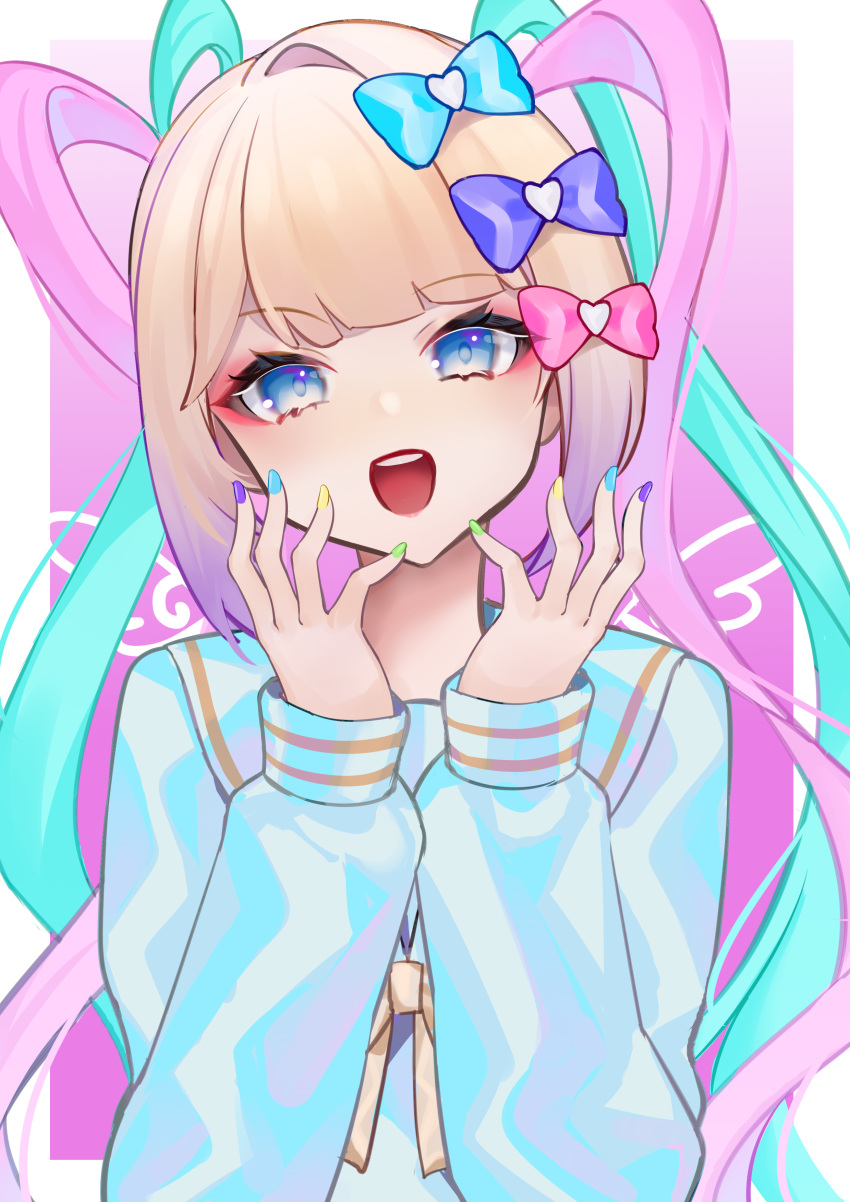 1girl, absurdres, aqua_hair, blonde_hair, blue_eyes, blunt_bangs, bow, chouzetsusaikawa_tenshi-chan, czy1314, hair_bow, highres, long_hair, multicolored_hair, needy_girl_overdose, pink_hair, sailor_collar, school_uniform, smile, solo, twintails, upper_body