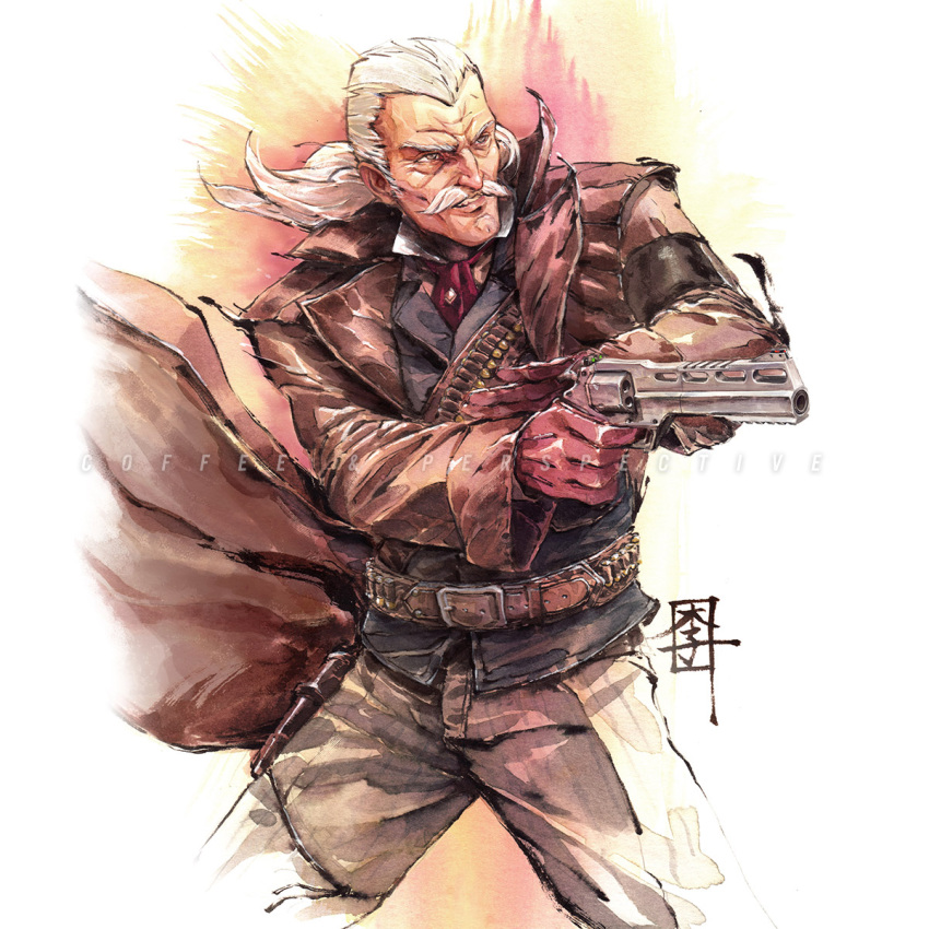 1boy, ammunition, bandolier, belt, belt_buckle, brown_belt, brown_eyes, buckle