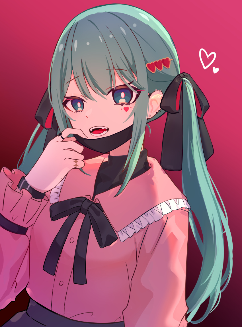 1girl, absurdres, aqua_eyes, aqua_hair, bandaid, bandaid_on_neck, black_mask, black_ribbon, blush, commentary, czy1314, detached_wings, double-parted_bangs, ear_piercing, earrings, facial_mark, fangs, hair_ornament, hair_ribbon, hatsune_miku, heart, heart_facial_mark, heart_hair_ornament, highres, industrial_piercing, jewelry, jirai_kei, long_hair, long_sleeves, looking_at_viewer, mask, mask_pull, mouth_mask, open_mouth, piercing, pink_shirt, red_background, ribbon, ring, shirt, sidelocks, simple_background, solo, twintails, vampire, vampire_(vocaloid), vocaloid, wings