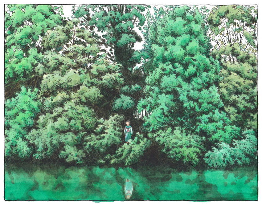 1girl, arms_at_sides, blue_skirt, brown_hair, day, ebizou, forest, green_theme