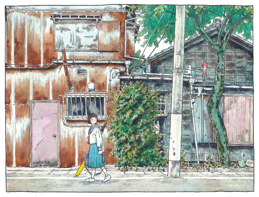 1girl, black_hair, blue_skirt, bob_cut, border, bush, cable, day