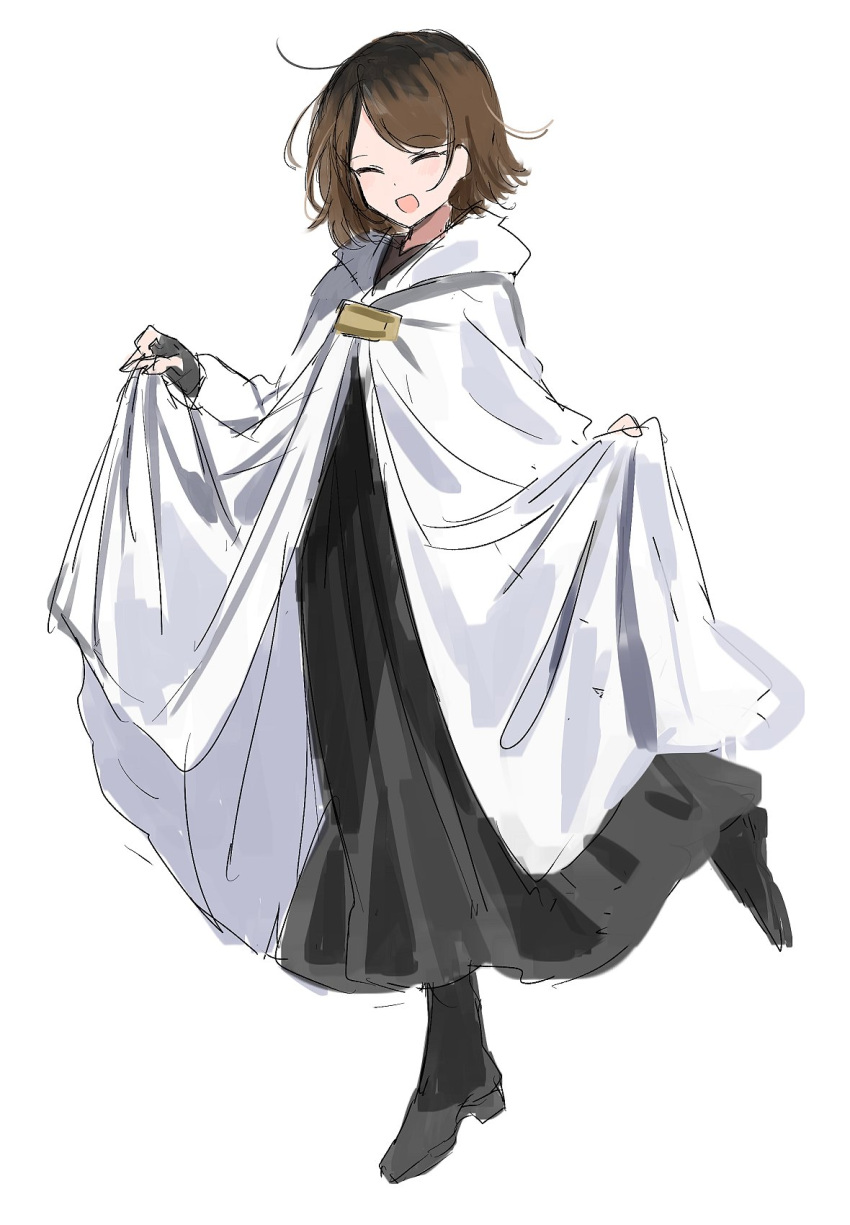 1girl, black_dress, black_footwear, boots, brown_hair, cape, cape_hold, closed_eyes