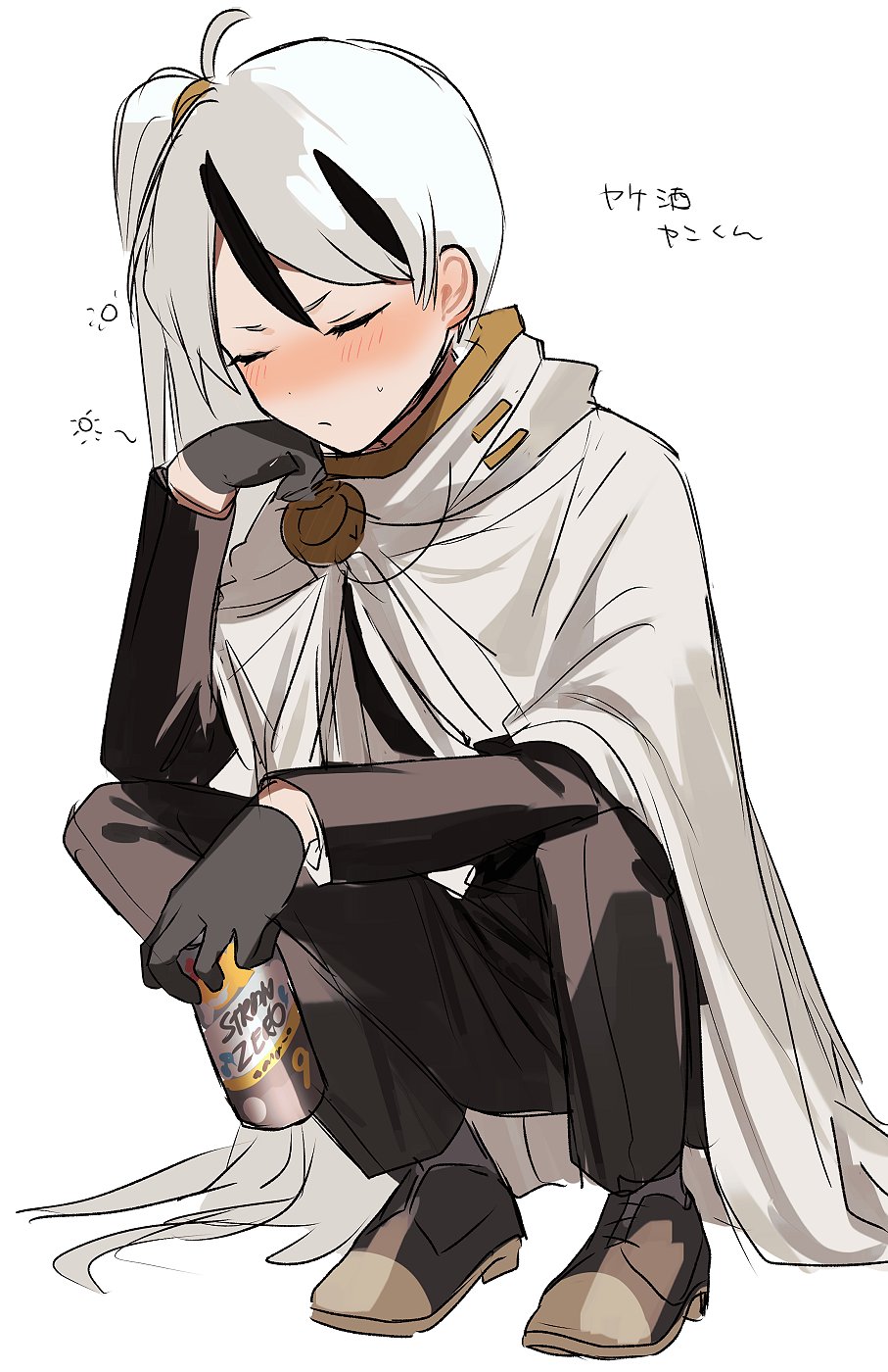 1boy, ahoge, badge, beer_can, black_footwear, black_gloves, black_pants, blush