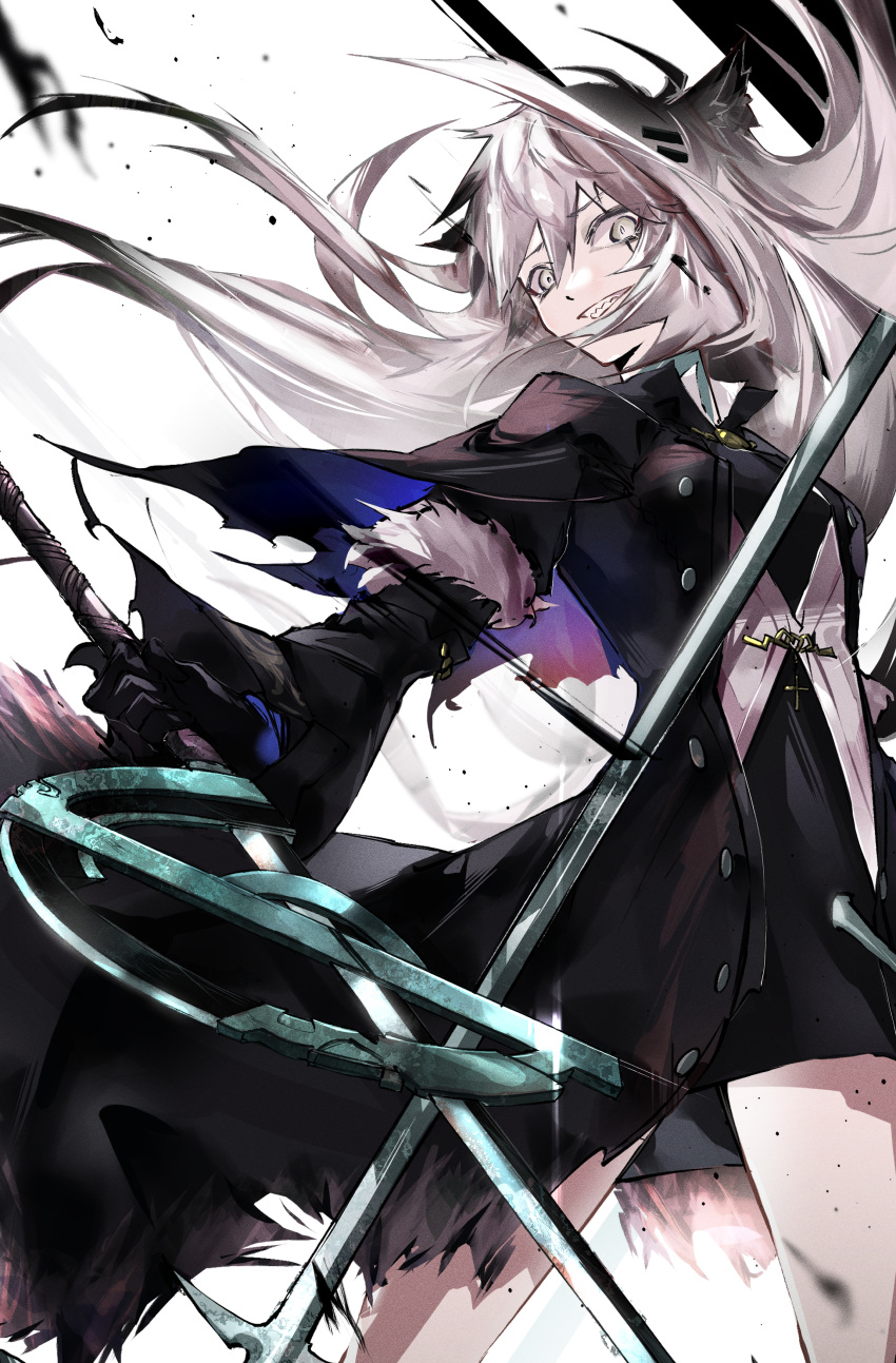 1girl, absurdres, animal_ear_fluff, animal_ears, arknights, black_coat, black_gloves, black_hair, capelet, coat, daichi, dress, dual_wielding, gloves, gradient_hair, grey_eyes, grey_hair, hair_ornament, hairclip, highres, holding, holding_sword, holding_weapon, lappland_(arknights), lappland_(refined_horrormare)_(arknights), long_hair, long_sleeves, multicolored_hair, official_alternate_costume, scar, scar_across_eye, sharp_teeth, smile, solo, sword, teeth, torn_capelet, weapon, wolf_ears, wolf_girl