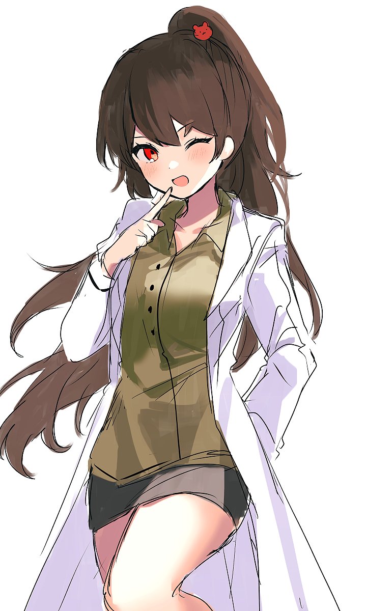 1girl, brown_hair, carmen_(project_moon), coat, cowboy_shot, green_shirt, grey_skirt, high_ponytail