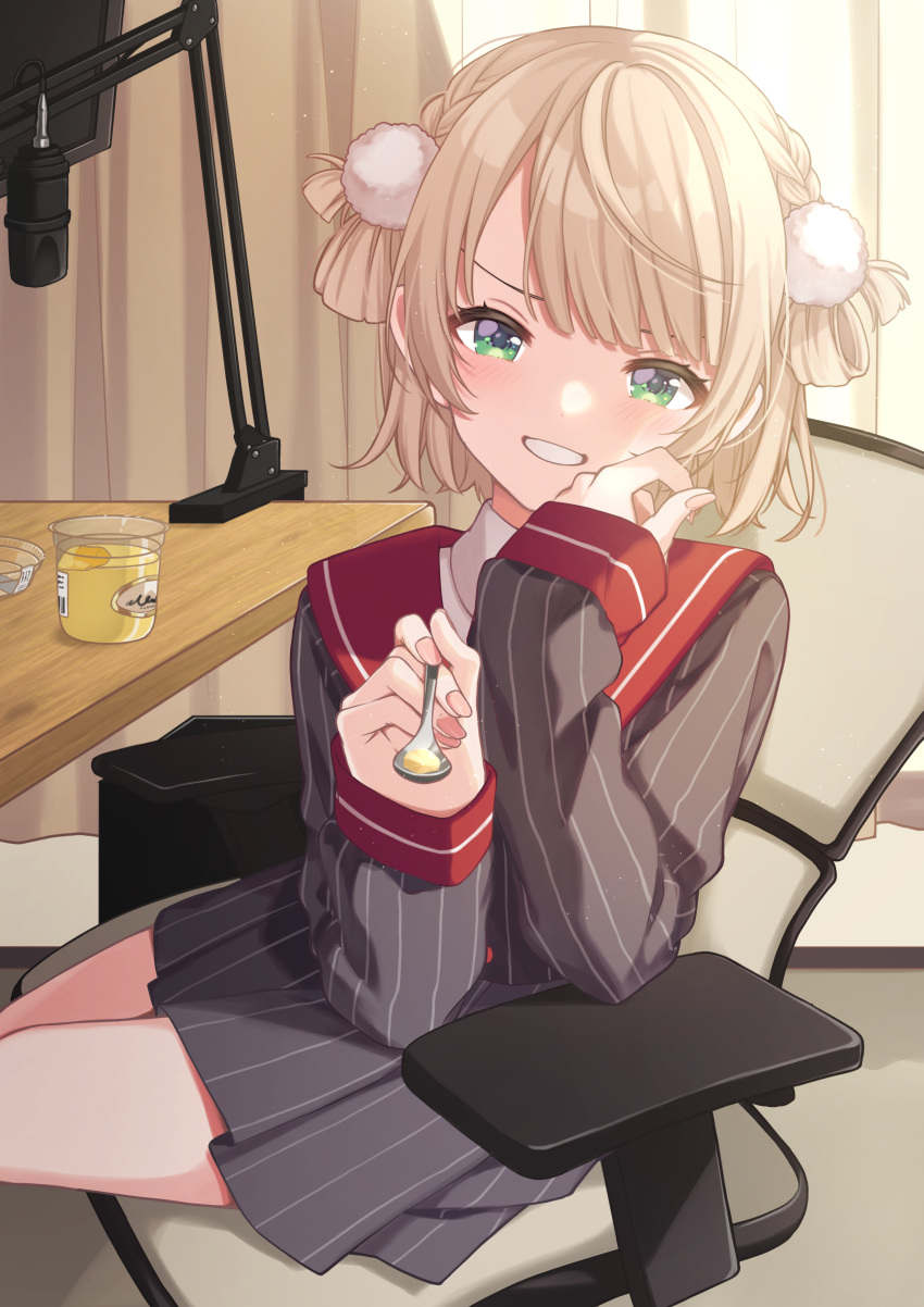 1girl, absurdres, black_shirt, black_skirt, blonde_hair, braid, curtains, desk, elbow_rest, fingernails, food, green_eyes, grin, highres, holding, holding_spoon, incoming_food, indie_virtual_youtuber, indoors, light_blush, long_sleeves, looking_at_viewer, mamdtsubu, medium_hair, microphone, miniskirt, pom_pom_(clothes), pov, pudding, sailor_collar, school_uniform, serafuku, shigure_ui_(vtuber), shirt, sitting, skirt, smile, solo, spoon, striped, striped_shirt, striped_skirt, swivel_chair, vertical-striped_shirt, vertical-striped_skirt, vertical_stripes