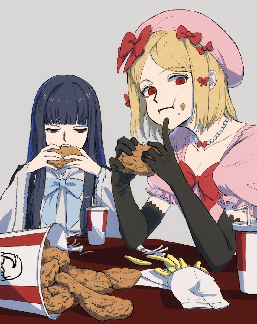 2girls, beret, black_eyes, black_gloves, black_hair, blonde_hair, blue_bow, blunt_bangs