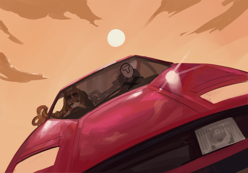 1girl, 1other, animal_ears, blue_eyes, brown_hair, brown_sky, bubble_blowing, car