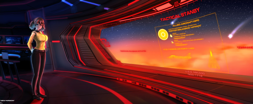 1girl, absurdres, blue_eyes, breasts, brown_hair, english_text, highres, holographic_interface