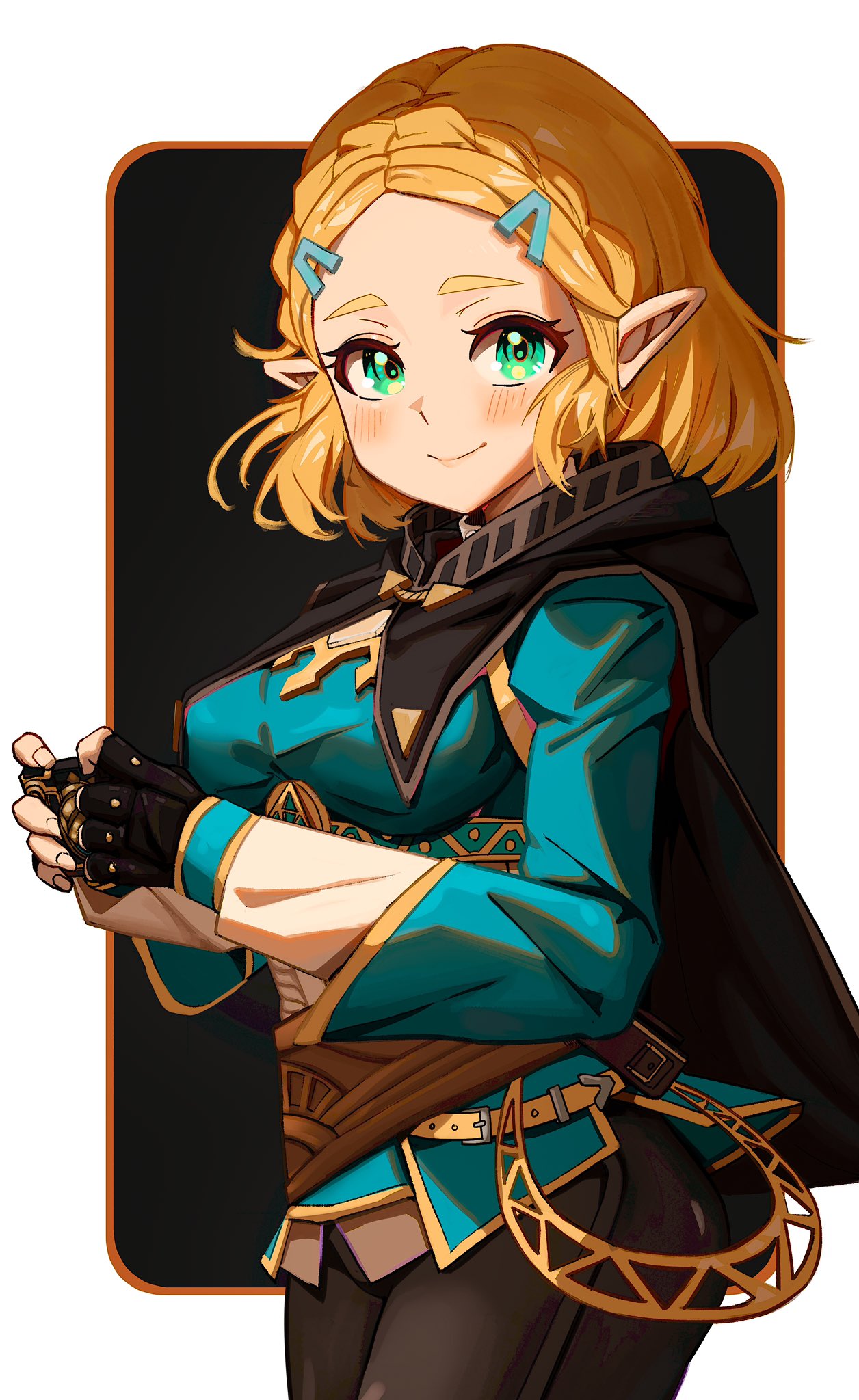 1girl, blonde_hair, blush, braid, breasts, cape, fingerless_gloves, gbbgb321