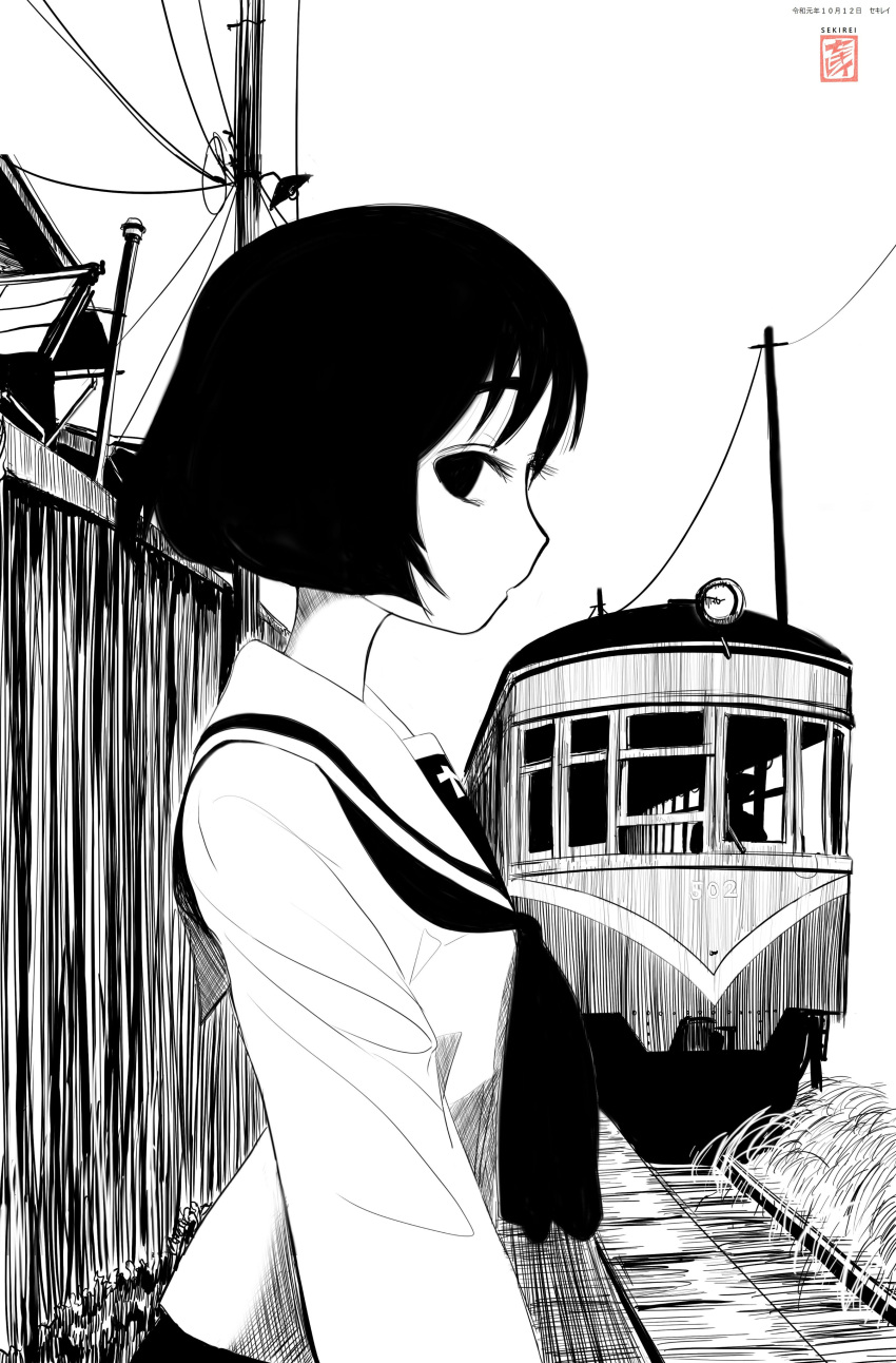 1girl, absurdres, arms_at_sides, artist_logo, artist_name, black_eyes, black_hair, black_neckerchief
