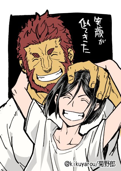 2boys, artist_name, beard, black_background, black_hair, closed_eyes, collarbone, facial_hair