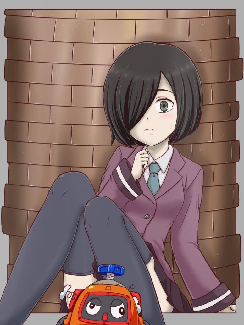 1girl, aqua_necktie, arm_at_side, black_hair, black_thighhighs, bob_cut, breasts, bright_pupils