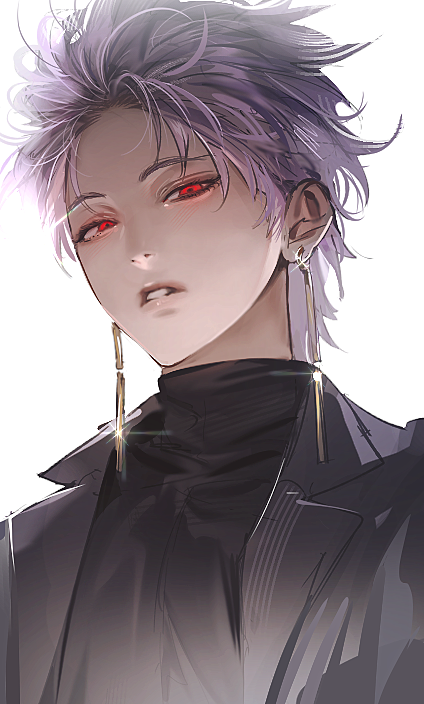 1boy, black_jacket, black_shirt, earrings, from_below, glint, jacket, jewelry