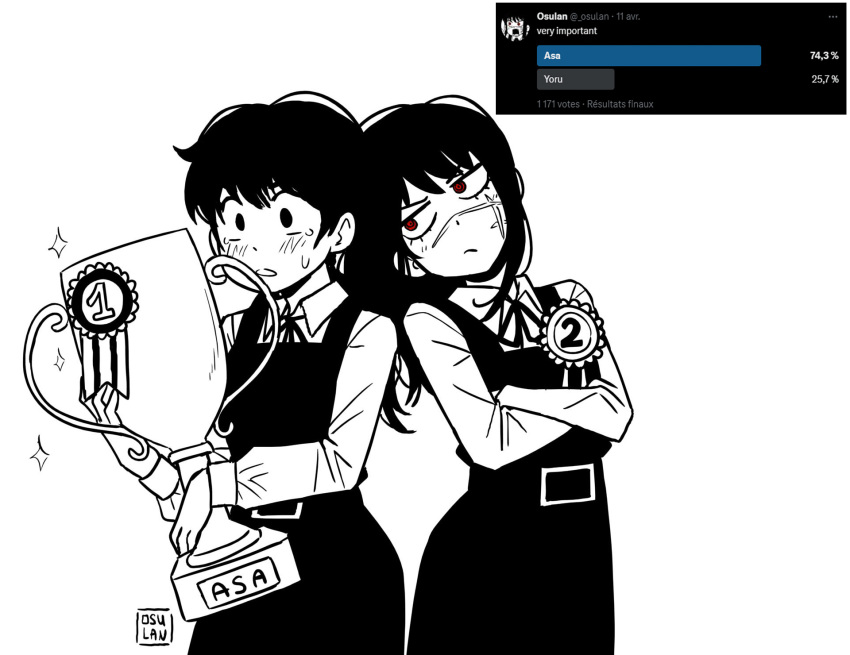 2girls, artist_name, black_hair, chainsaw_man, cross_scar, crossed_arms, dress, fourth_east_high_school_uniform